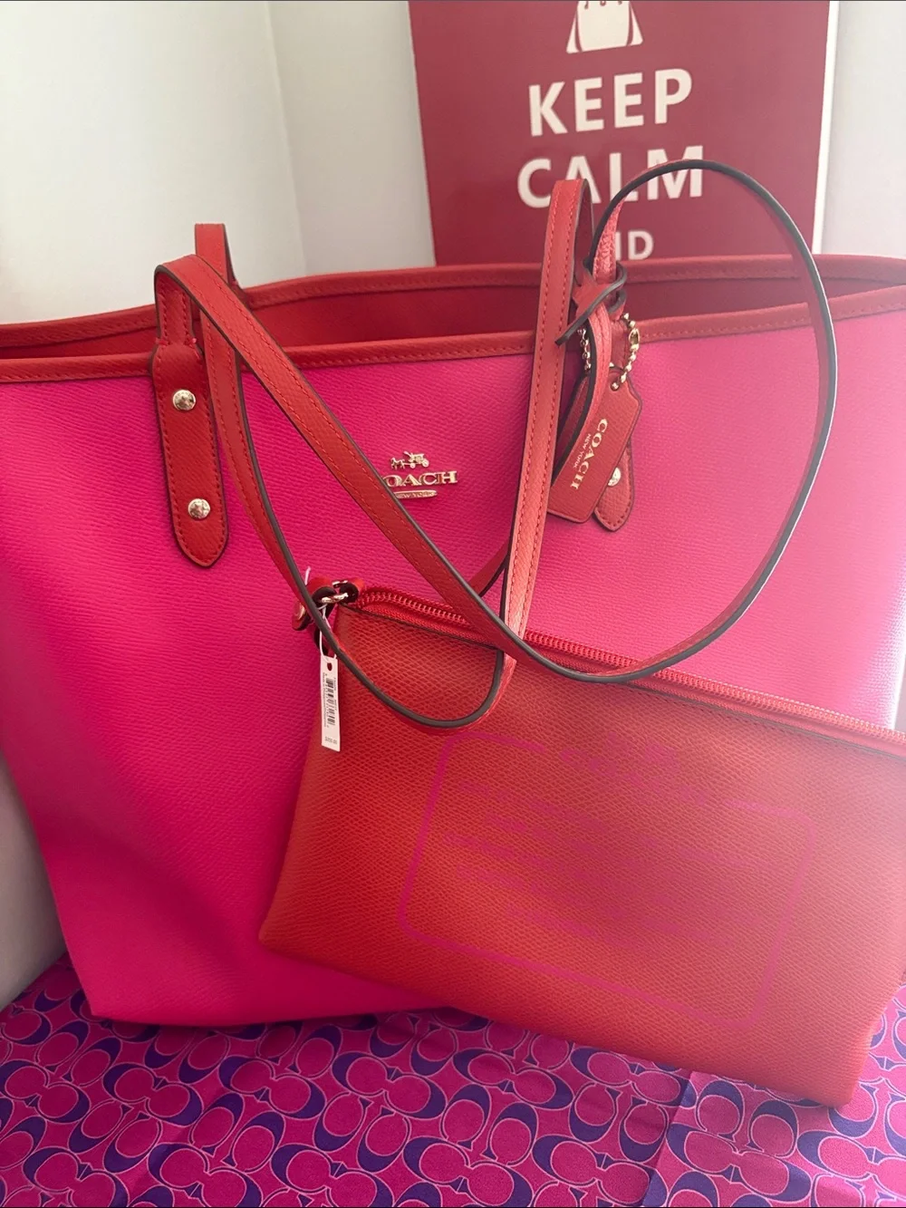 Coach Pink Tote with Orange  Trim and Matching Zip Pouch